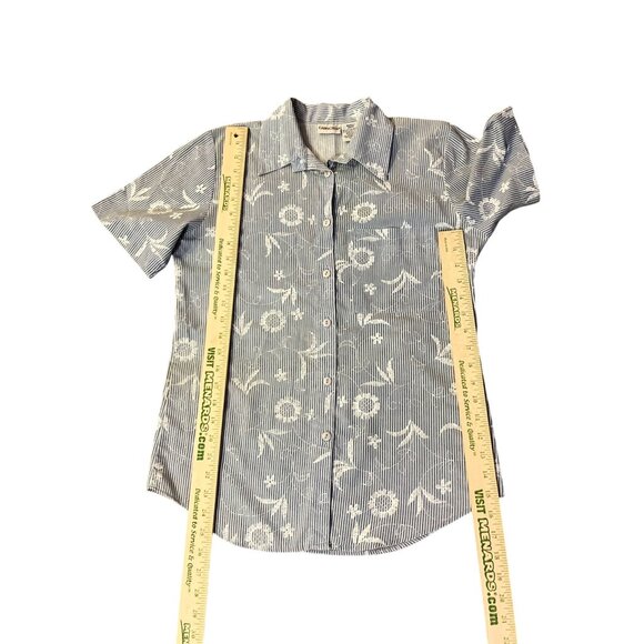 Cabin Creek Blouse Womens S Blue Floral Stripe Short Sleeve Made in USA - Picture 10 of 12